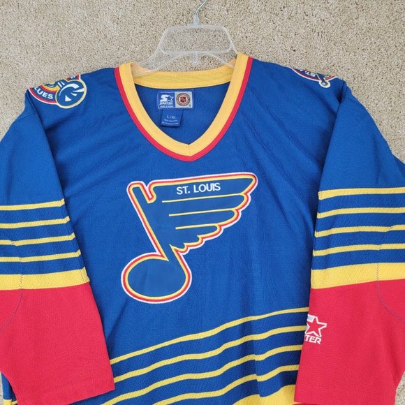 VINTAGE ST LOUIS BLUES NHL STARTER Large/XL Long Sleeve Patches Jersey V-Neck - Picture 3 of 11